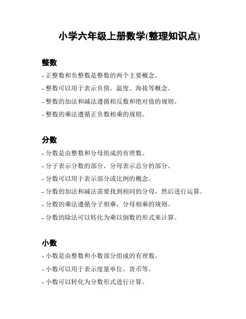 小学六年级上册数学(整理知识点)