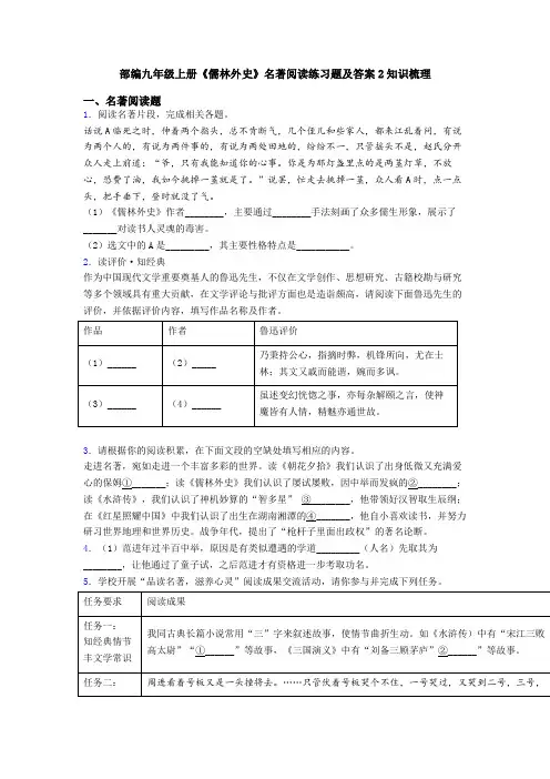部编九年级上册《儒林外史》名著阅读练习题及答案2知识梳理
