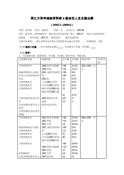 浙江大学申教学科研4级岗位人员主要业绩