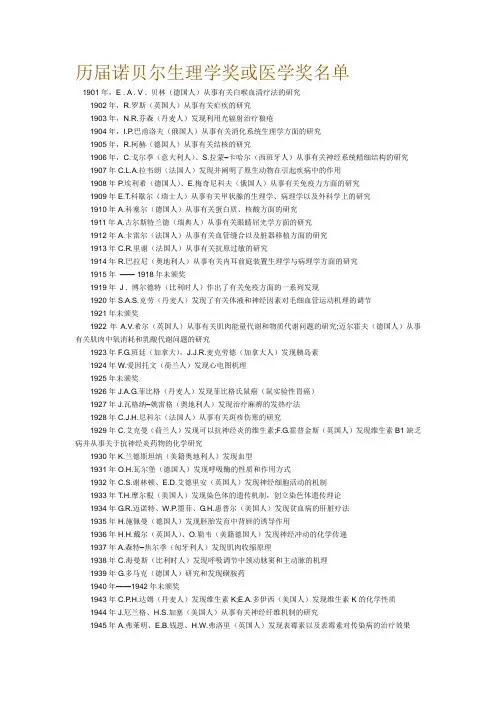 历届诺贝尔生理学奖或医学奖名单