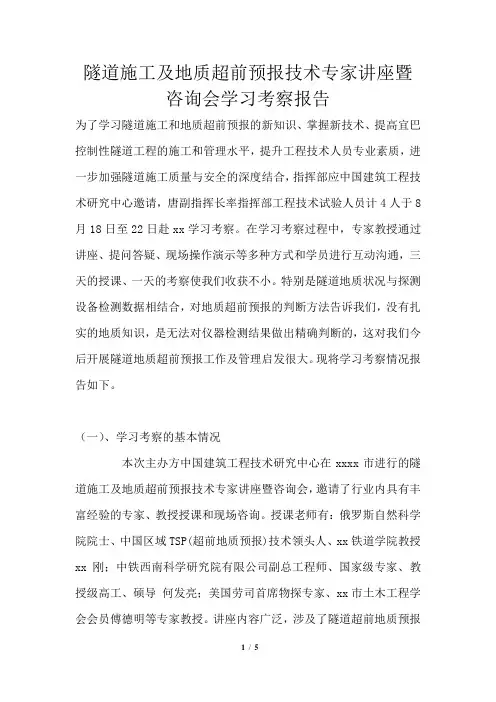 隧道施工及地质超前预报技术专家讲座暨咨询会学习考察报告