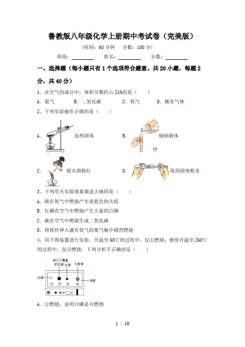 鲁教版八年级化学上册期中考试卷(完美版)