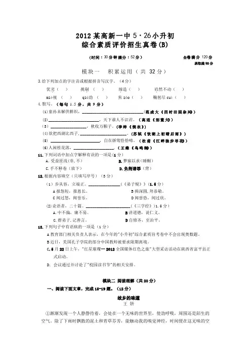 2012高新526小升初真卷B
