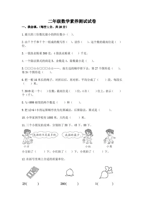 二年级数学素养测试试卷