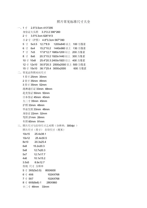 照片常见标准尺寸大全
