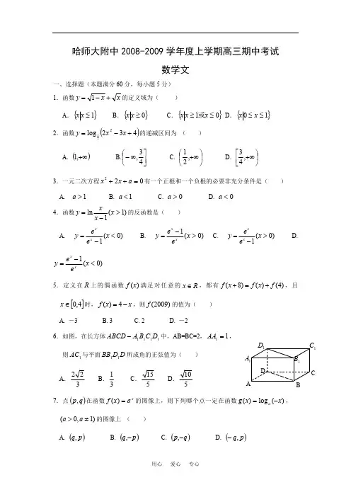 黑龙江省哈师大附中2009届高三上学期期中考试(数学文)