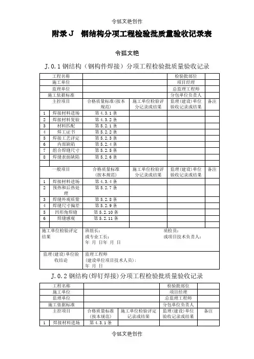 钢结构结构施工质量验收规范GB50205-验收表格之令狐文艳创作