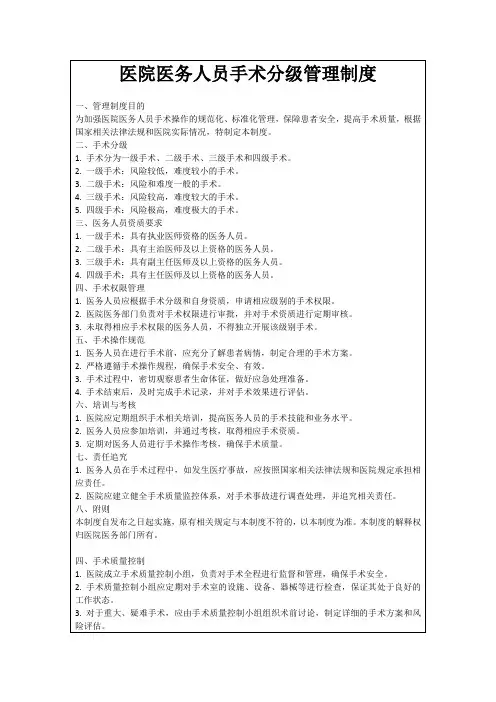 医院医务人员手术分级管理制度