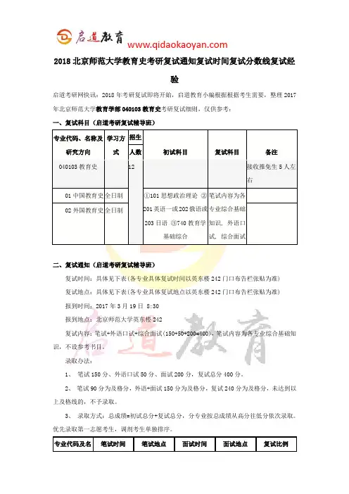 2018北京师范大学教育史考研复试通知复试时间复试分数线复试经验