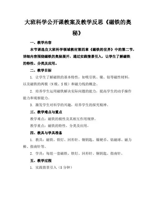 大班科学公开课教案及教学反思《磁铁的奥秘》