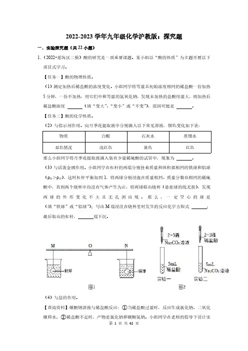 2022-2023学年九年级化学沪教版：探究题(附答案解析)