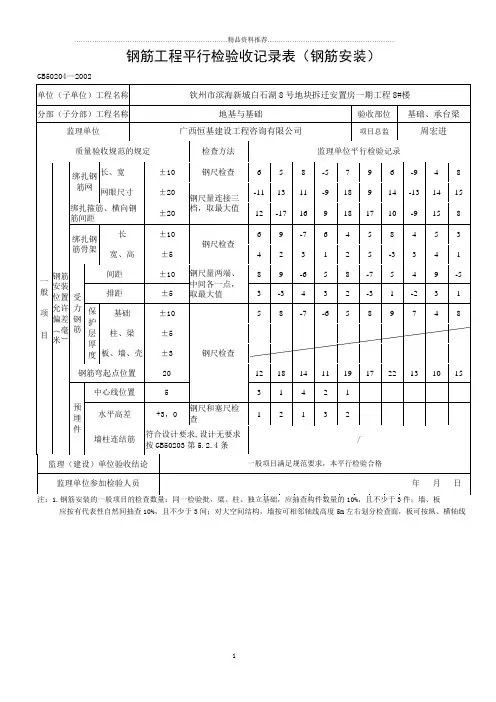 钢筋工程检验批质量验收记录(钢筋安装)