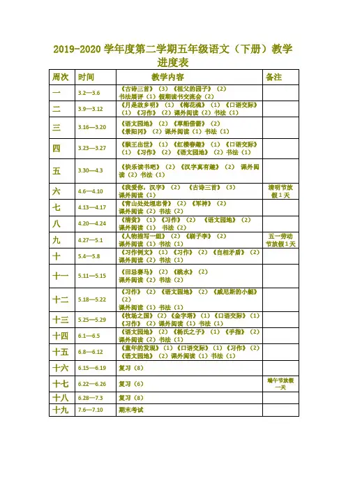 2019-2020部编版五年级下册教学进度表