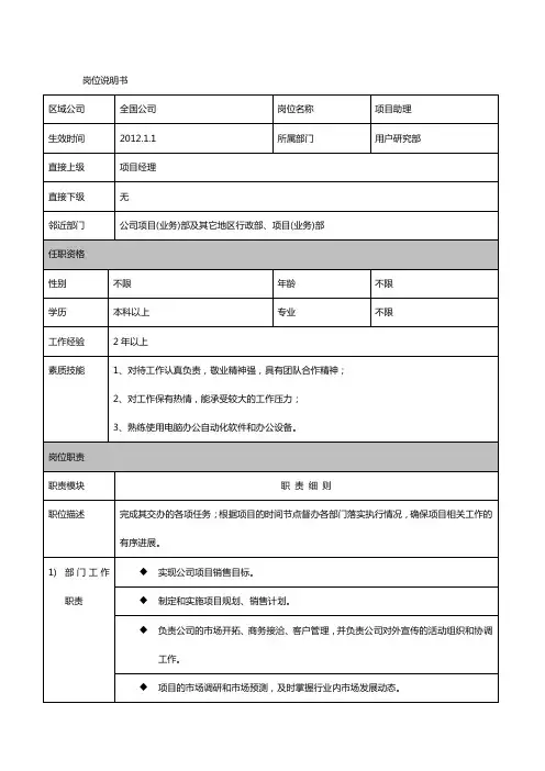 岗位说明书-项目(运营)助理