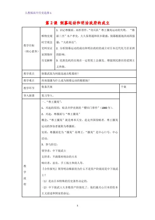 高中历史选修1教学设计9：第2课 倒幕运动和明治政府的成立教案
