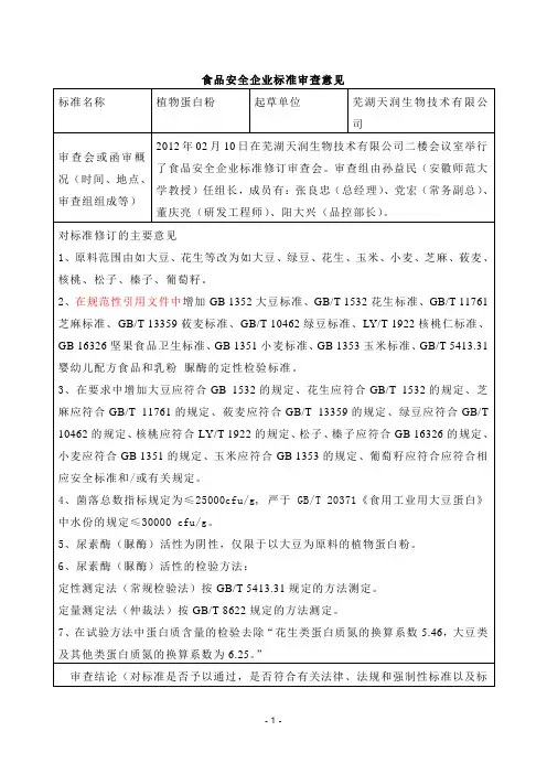 食品安全企业标准审查意见