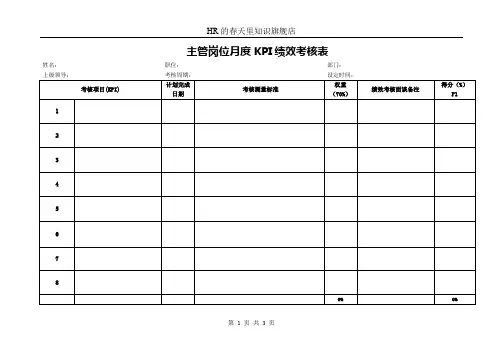 主管岗位月度KPI绩效考核表