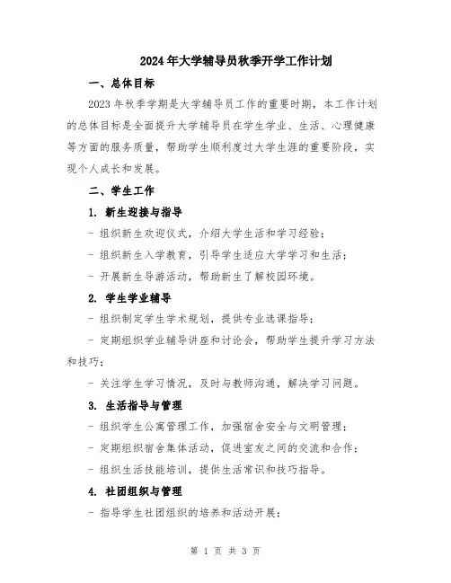 2024年大学辅导员秋季开学工作计划