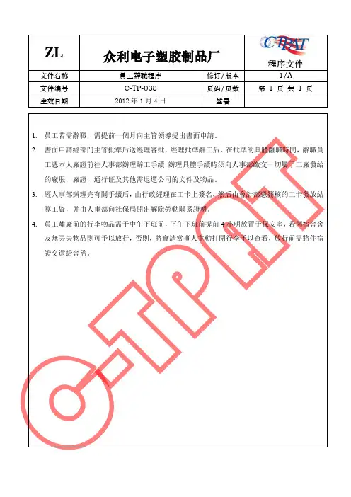 GSV SCS SCAN 反恐全套程序文件38 员工辞职程序