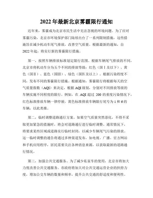 2022年最新北京雾霾限行通知