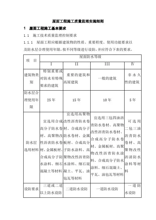 屋面工程施工质量监理实施细则