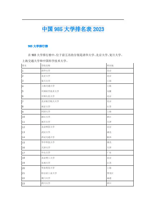 中国985大学排名表2023