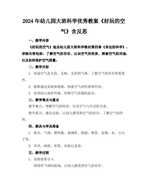 2024年幼儿园大班科学优秀教案《好玩的空气》含反思
