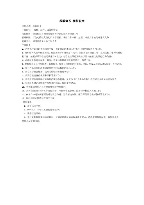 检验班长岗位职责
