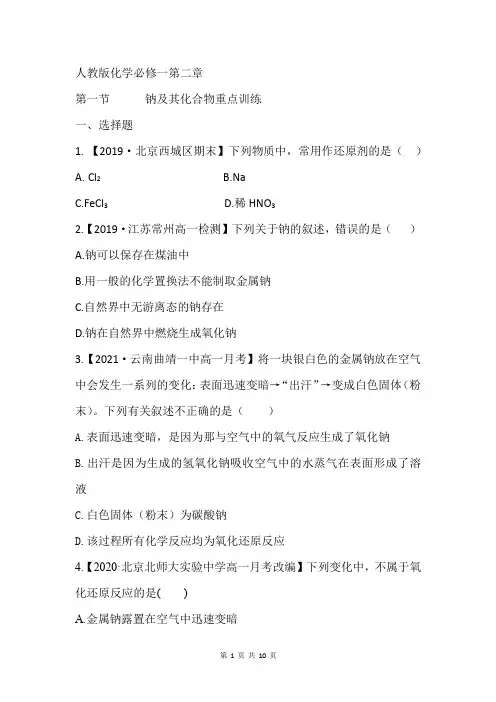 人教版化学第二章第一节钠及其化合物重点训练(含参考答案)