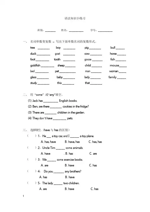 小学三年级下学期英语语法知识练习试题