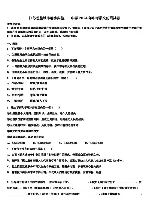 江苏省盐城市响水实验、一中学2024年中考语文仿真试卷含解析