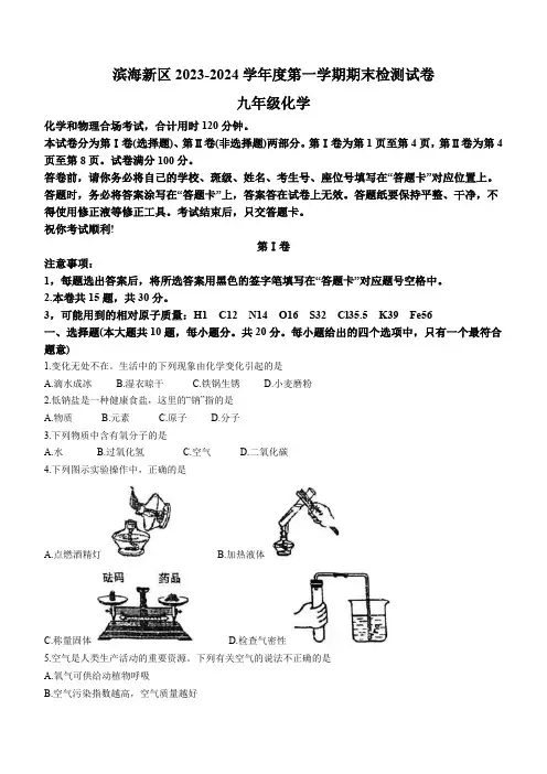 天津市滨海新区2023-2024学年九年级上学期期末化学试卷(含答案)