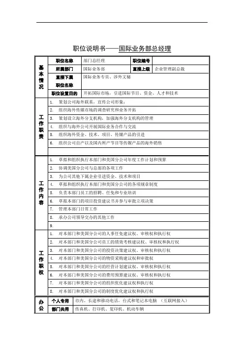 国际业务部总经理岗位说明书