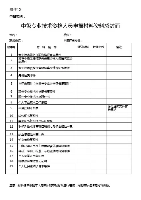 中级专业技术资格人员申报材料资料袋封面