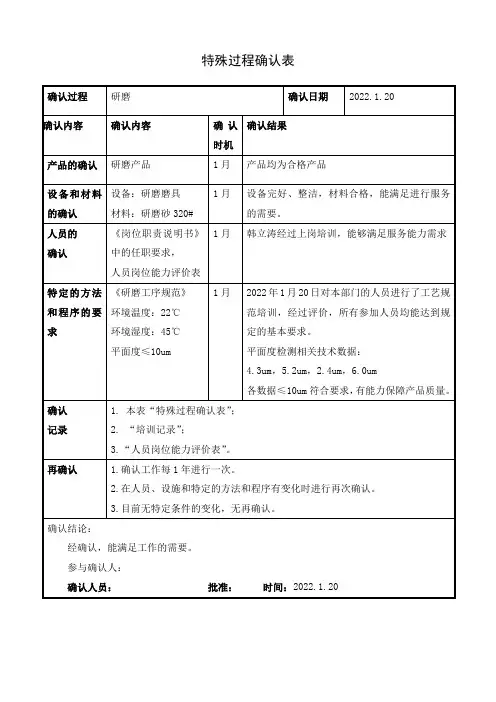 特殊过程确认表-研磨