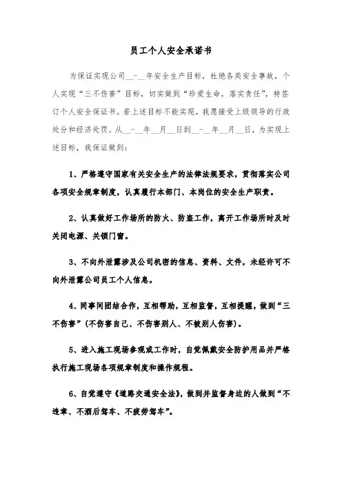 员工个人安全承诺书（五篇）