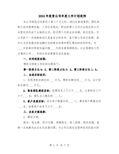 2024年投资公司年度工作计划范例(三篇)