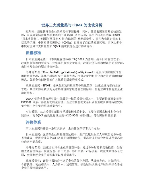 世界三大质量奖与CQMA的比较分析
