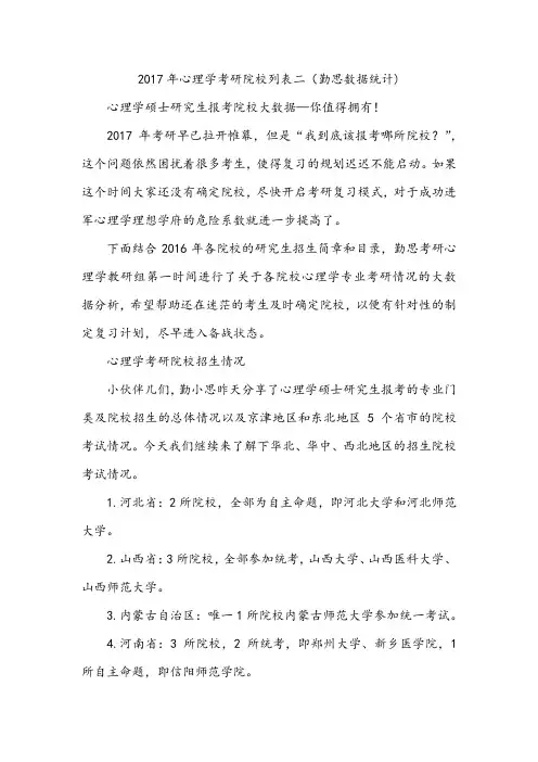 2017年心理学考研院校名单列表二(勤思数据统计)