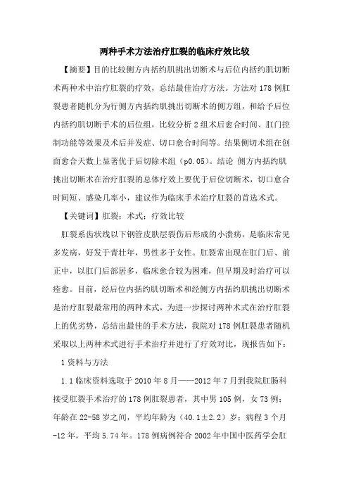 两种手术方法治疗肛裂临床疗效比较论文