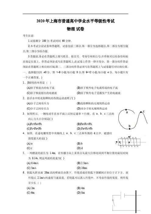 2020年上海市高考物理试题及答案