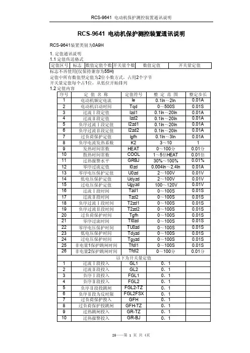 RCS-9641电动机保护测控装置通讯说明