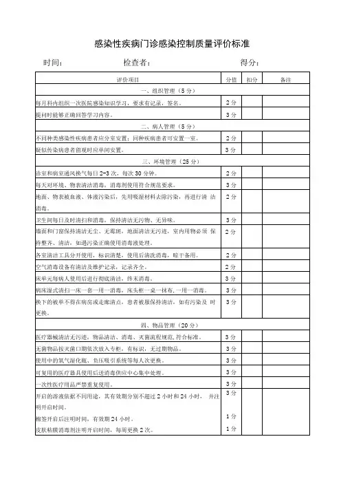感染性疾病门诊感染控制质量评价标准