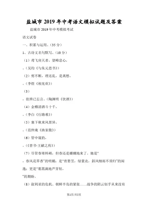 盐城市中考语文模拟试题及答案