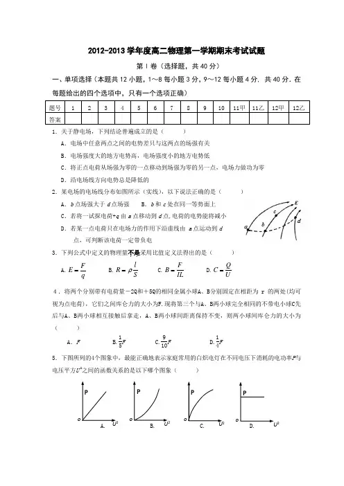 2012-2013年高二物理第一学期期末考试试题