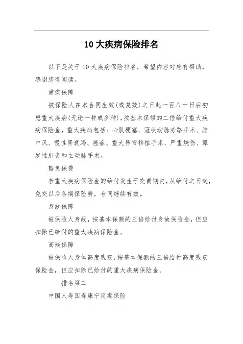 10大疾病保险排名