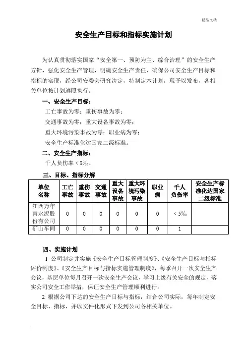 公司安全生产目标和指标实施计划