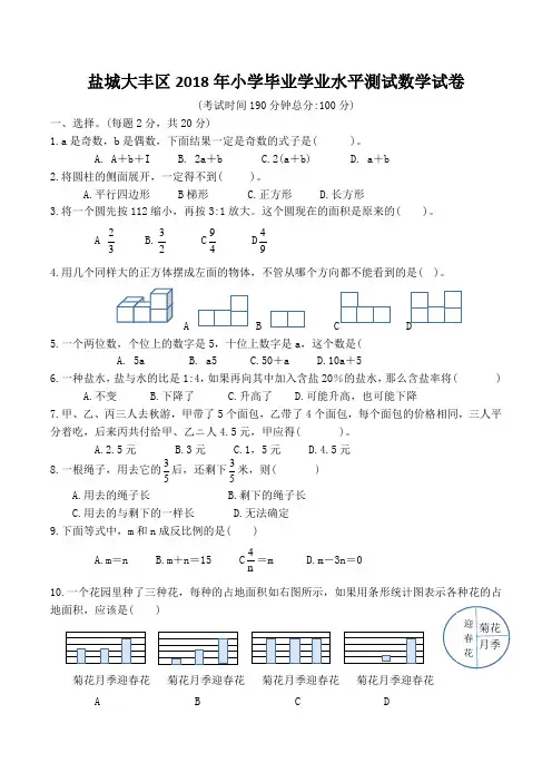 盐城大丰区2018年小学毕业学业水平测试数学试卷