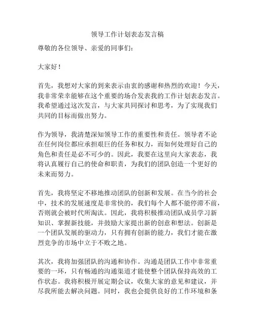 领导工作计划表态发言稿