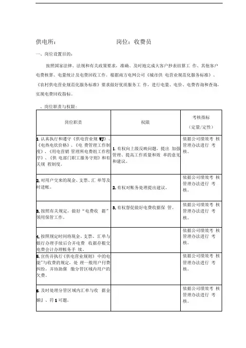 收费员岗位说明书